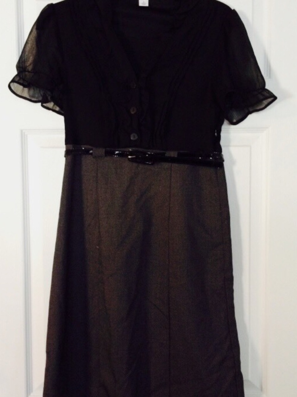 Black Short-Sleeve Midi Dress with Belted Waist